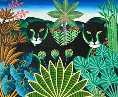 Gabriel Alix, Deux panthères noires, acrylique sur toile