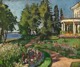 Stanislaw Zukowski, Villa et jardin fleuri au bord de l'eau, 1906, huile sur panneau