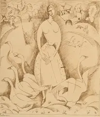 Jean Emile Laboureur, La fille aux oies, encre sur papier