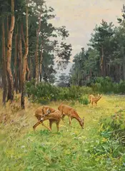 Wilhelm Trsek, Famille de cerfs dans un bois, huile sur toile