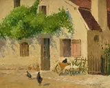 André Pécoud, Poules devant une maison de campagne, huile sur panneau