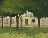 André Pécoud, Jeunes filles discutant à la fenêtre, huile sur toile