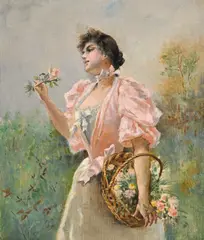Auguste Émile Pinchart, Jeune femme au panier de fleurs, huile sur toile