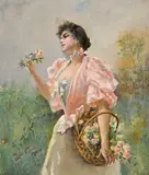 Auguste Émile Pinchart, Jeune femme au panier de fleurs, huile sur toile
