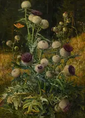 Auguste Doll, Chardons et papillon, huile sur toile