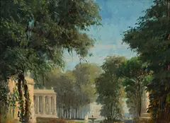 Jules Louis Badel, Vue du jardin du château de Versailles, huile sur toile marouflée sur carton