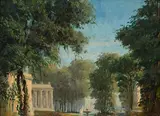 Jules Louis Badel, Vue du jardin du château de Versailles, huile sur toile marouflée sur carton