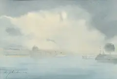 Ellis Zbinden, Vue du lac dans la brume, 1976, aquarelle sur papier