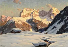 Erwin Kettemann, Montagne enneigée au coucher du soleil, huile sur toile