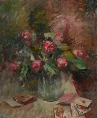 Henri Fehr, Nature morte au vase de roses et jeu de cartes, huile sur toile