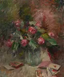 Henri Fehr, Nature morte au vase de roses et jeu de cartes, huile sur toile