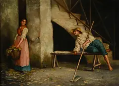 Francesco Tito, Couple de paysans dans un intérieur, huile sur toile