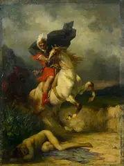 Ferdinand Humbert, Cavalier franchissant un corps, huile sur panneau