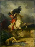 Ferdinand Humbert, Cavalier franchissant un corps, huile sur panneau