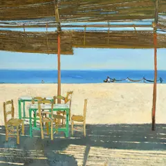 René Genis, Terrasse en bord de mer, huile sur toile