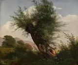 Jean-Baptiste Müntz-Berger, Paysage au saule, huile sur papier marouflé sur toile