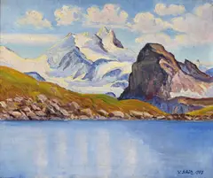 Victor Schütz, Lac d'alpage et vue du massif de la Bernina, 1937, huile sur toile
