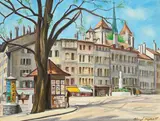 Aimé Moret, Place du Bourg et la Cathédrale St-Pierre, huile sur toile