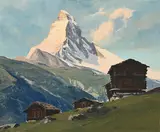 Charles Henry Contencin, Chalets au pied du Cervin, huile sur panneau
