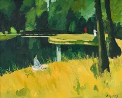 Georges Borgeaud, La femme au chapeau rose, le bord de l'aire Genève, 1981, huile sur toile