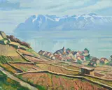 Ric Berger, Vue lacustre depuis Grandvaux, 1953, huile sur toile marouflée sur carton