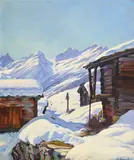Karl Anneler, Raccards sous la neige, huile sur toile