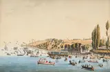 Jean Dubois, Cologny, arrivée des Suisses dans le canton de Genève le 1er juin 1814, eau-forte, aquarelle et gouache, sur papier