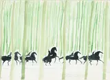 André Brasilier, Chevaux dans la forêt verte, aquarelle sur papier