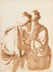 dit Guercino Giovanni Francesco Barbieri, Deux hommes barbus regardant à droite, encre brune et plume sur papier