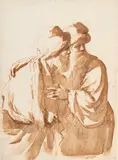 dit Guercino Giovanni Francesco Barbieri, Deux hommes barbus regardant à droite, encre brune et plume sur papier
