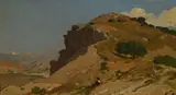 Etienne Duval, Paysage de roches animé, huile sur carton