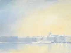 Claude Sauthier, Vue de Genève depuis le quai du Mont-Blanc, huile sur panneau