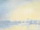 Claude Sauthier, Vue de Genève depuis le quai du Mont-Blanc, huile sur panneau