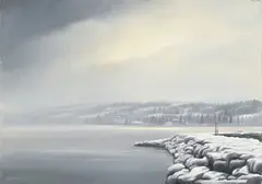 Claude Sauthier, Le coteau de Cologny dans le brouillard, huile sur panneau