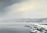 Claude Sauthier, Le coteau de Cologny dans le brouillard, huile sur panneau