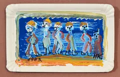 Hans Krüsi, Personnages, 1983, technique mixte sur assiette en carton