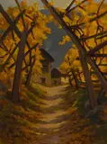 Louis Camille Gianoli, Sans titre, Vue automnale sur les chalets d'Eyholz, huile sur toile