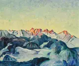 René Béguin, Sans titre, Coucher de soleil sur les Alpes, détrempe sur toile