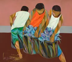 Trois pêcheurs by Oscar Zalameda, huile sur toile, sold Mar 2026