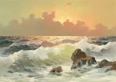 Marine au coucher de soleil by Giuseppe Rossi, huile sur toile, sold Mar 2026