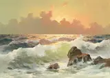 Giuseppe Rossi, Marine au coucher de soleil, huile sur toile