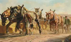 Julius Paul Junghanns, Paysans et chevaux de trait, huile sur toile