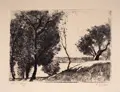 Lesser Ury, Baumbestandenes Ufer am märkischen See, 1919, Radierung auf chamoisfarbenem Papier