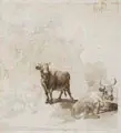Johann Christian Klengel, Zwei Kühe und Ziegen in einer Felsenlandschaft / Stehende Kuh, Um 1800, Bleistiftzeichnung, in brauner Tusche laviert / Federzeichnung in Tusche