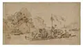 Albert Venus, Fahrt über den Strom. Festgesellschaft im Kahn, Um 1859/1860, Federzeichnung in Tusche über Bleistift auf bräunlichem Papier