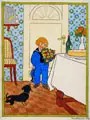 Gertrud Caspari, Der kleine Gratulant / Im Kinderzimmer, 1906/1923, Aquarell und Federzeichnung in Tusche / Holzschnitt, koloriert