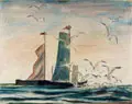 Georg Hermann Gelbke, Zwei Kähne und Möwen (Kurische Nehrung), 1936, Aquarell auf hauchdünnem Japan, vollflächig auf Untersatzkarton kaschiert