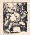 Otto Seitz, Rauferei im Trinklokal, 1888, Federzeichnung in Tusche, laviert, partiell grau-grün koloriert sowie verso mit einem Brief in Sütterlin