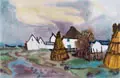 Erhard Hippold, Neuendorf – Hiddensee, Aquarell über schwarzem Faserstift auf "Fabriano"-Büttenkarton / Farbkreidezeichnung auf Karton