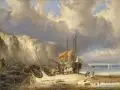 Fritz (Friedrich) Bamberger, Die Küste bei Hastings mit Fischern und Booten, Wohl 1863, Öl auf Malpappe